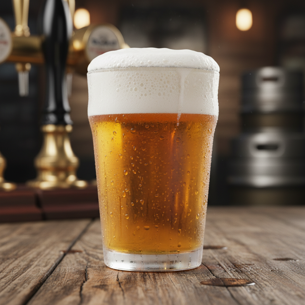 A cold glass of golden lager beer with foam head on a wooden bar